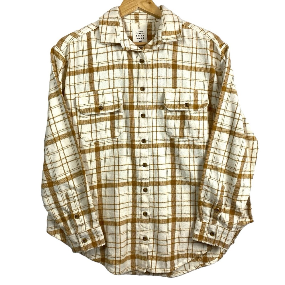 Billabong Women Medium So Stoked Long Sleeve Flannel Shirt White Cap Soft Khaki